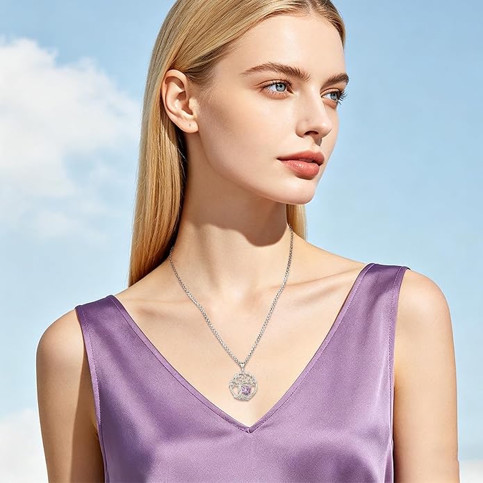 Birthstone Tree of Life Necklace for Women Heart Crystal Pendant Silver Plated Birthday Anniversary Jewelry for Wife, Mom, and Her