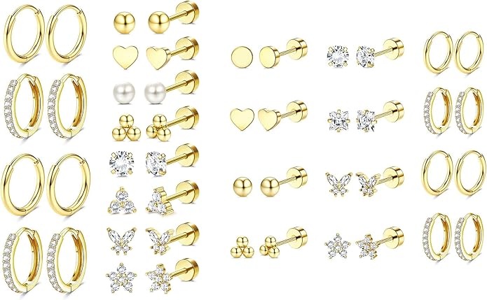 Jstyle 24 Pairs Hypoallergenic Gold Earrings for Women Flat Back Earrings for Women Surgical Stainless Steel Earrings for Sensitive Ears Small Stud Hoop Cartilage Earring Stack Piercing Jewelry Set