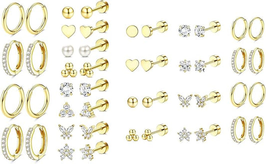 Jstyle 24 Pairs Hypoallergenic Gold Earrings for Women Flat Back Earrings for Women Surgical Stainless Steel Earrings for Sensitive Ears Small Stud Hoop Cartilage Earring Stack Piercing Jewelry Set