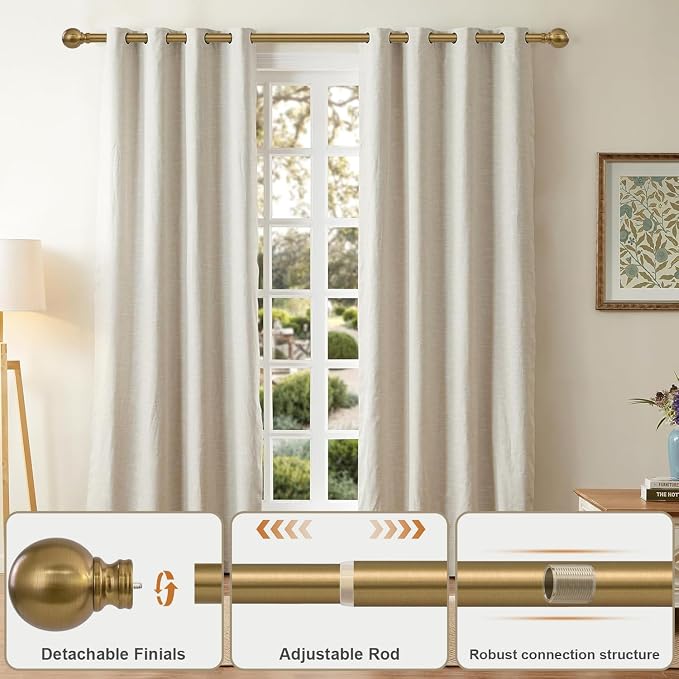Warm Gold Curtain Rods for Windows 48 to 84 Inch 1" Diameter Adjustable | Heavy Duty Brass Window Curtain Rod with Metal Finials for Living Room Bedroom Farmhouse Kitchen Outdoor