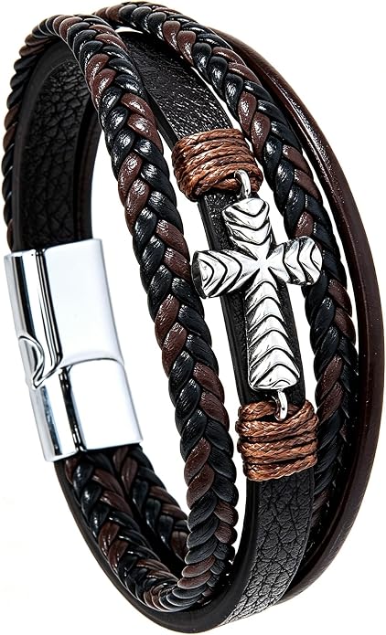 Men's Cross Leather Bracelet Vintage Christian Religious Faith Cuff Bangle Multi-Layer Braided Genuine Leather Wrap Wristband with Stainless Steel Clasp Jewelry for Women Him or Her