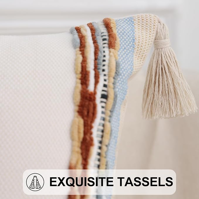 Simmore Fall Boho Decorative Blue Throw Pillow Covers 18X18 Set of 2 | Tufted Accent Modern Farmhouse Neutral Pillow Covers with Tassels for Cozy Bohemian Couch Sofa Bedroom Home Decor