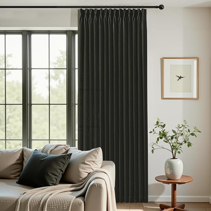 IVAPUPU Pinch Pleated Curtains 90 Inches Long, Light Filtering Thick Linen Textured Curtain Memory Trained Back Tab Window Drapes with Hooks Rings for Bedroom Living Room, 2 Panels, Black, 40x90