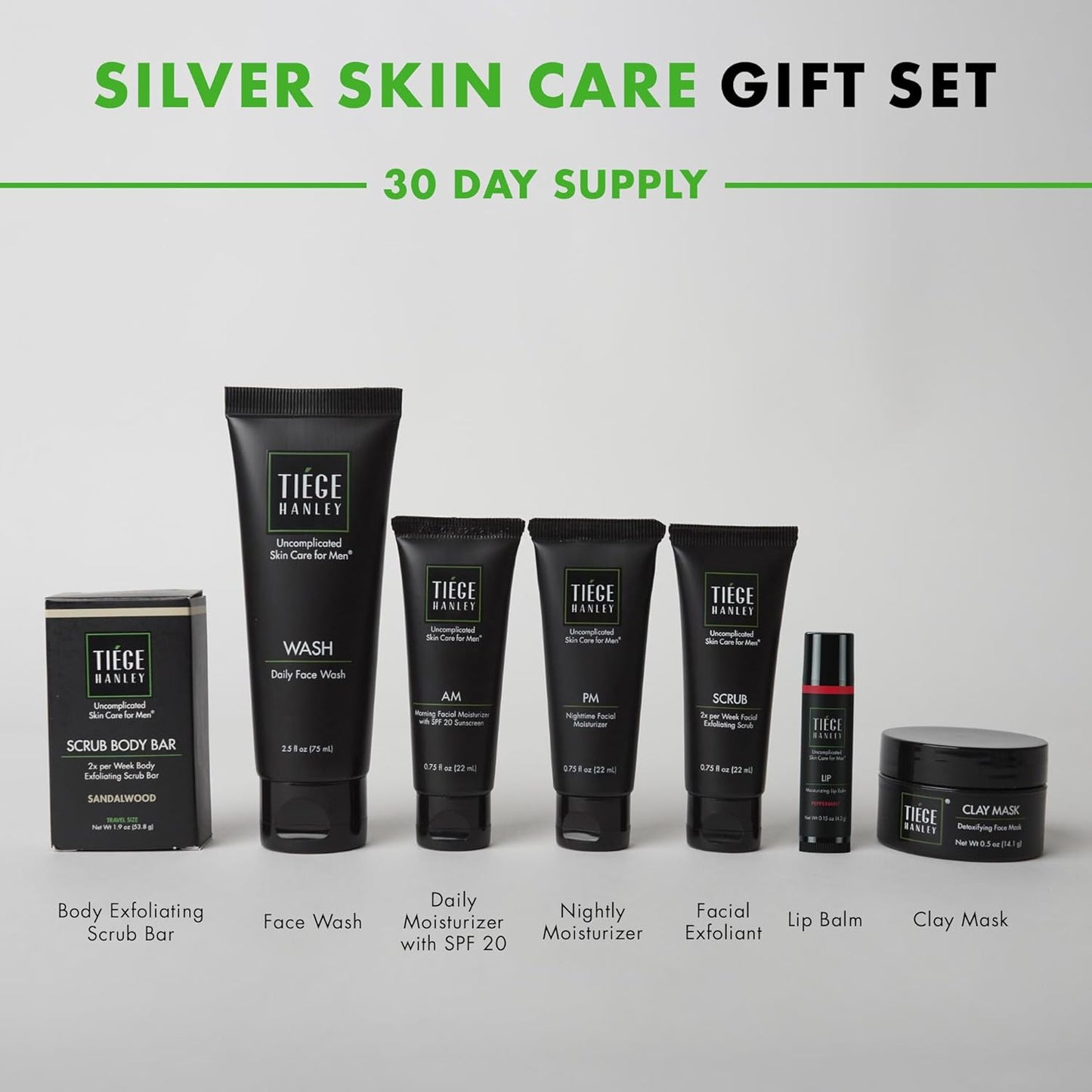 Tiege Hanley Mens Skin Care Gift Box Set, Silver - Men's Skincare Set Includes Face Wash, AM & PM Facial Moisturizer, Face Clay Mask & Scrub, Body Scrub Bar, & Moisturizing Lip Balm