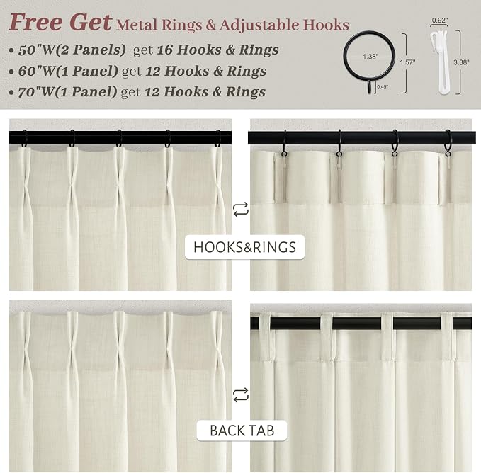 Cream Beige Pleated Linen Light Filtering Farmhouse Curtains 86 Inches Long