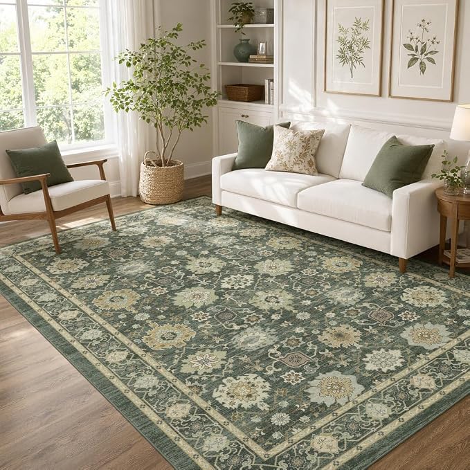 AMADA HOMEFURNISHING 9x12 Area Rug for Living Room, Vintage Washable Area Rug Low-Pile & Non-Slip Carpet for Bedroom Dining Room Nursery Home Office, Olive Green