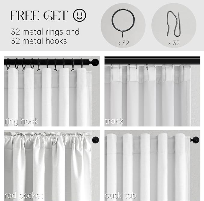 92 inch long Linen blackout Curtains 2 Panels for sliding room 100% Black out Linen texture Curtain Beige White Window Drapes with Back Tab Rod Pocket Pinch Pleated Thermal Insulated Panel for Bedroom