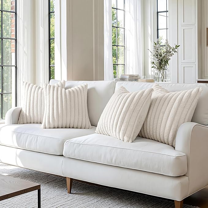 MIULEE Faux Fur Plush Decorative Throw Pillow Covers 20x20 Set of 4, Modern Soft Fuzzy Striped Cushion Covers for Spring Sofa Couch Bed Living Room Cozy Home Decor,Pure White