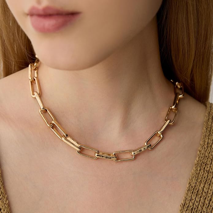COBI Paperclip Chain Necklace for Women,Beaded Necklace,18K Gold /925 Sterling Silver Plated,Chunky Link Chain Necklace for Daily Wear,Ideal Gift for Her 17"