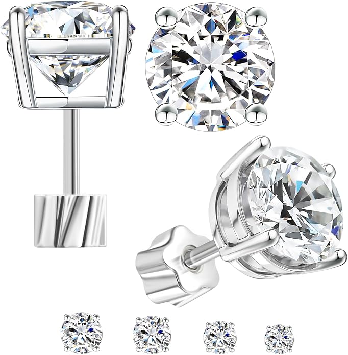 Moissanite Earrings, Hypoallergenic Flat Back Earrings for Women Men, Screw On Studs 925 Sterling Sliver Cartilage Earring for Sensitive Ears 4mm Short Post