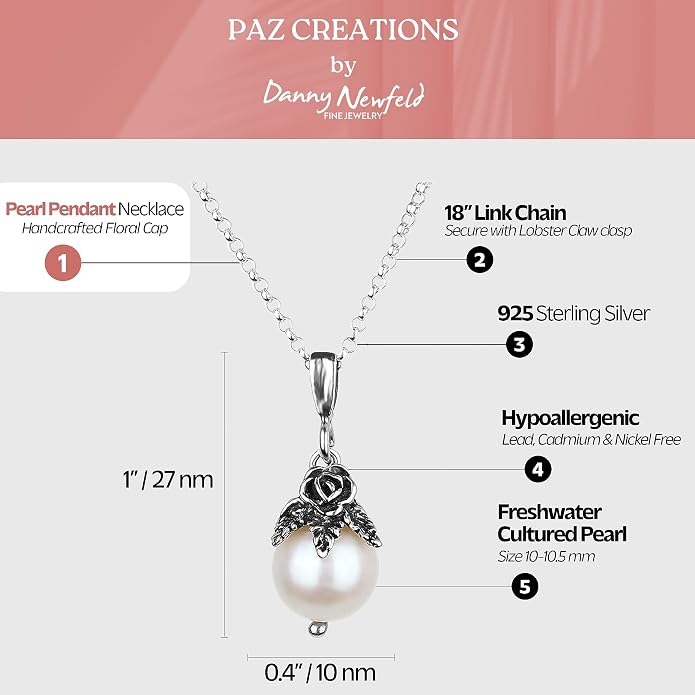 Paz Creations 925 Sterling Silver Pearl Pendant Necklace with Round Ball-Shape White Freshwater Pearl and Handcrafted Floral Cap - Natural Elegant Jewelry