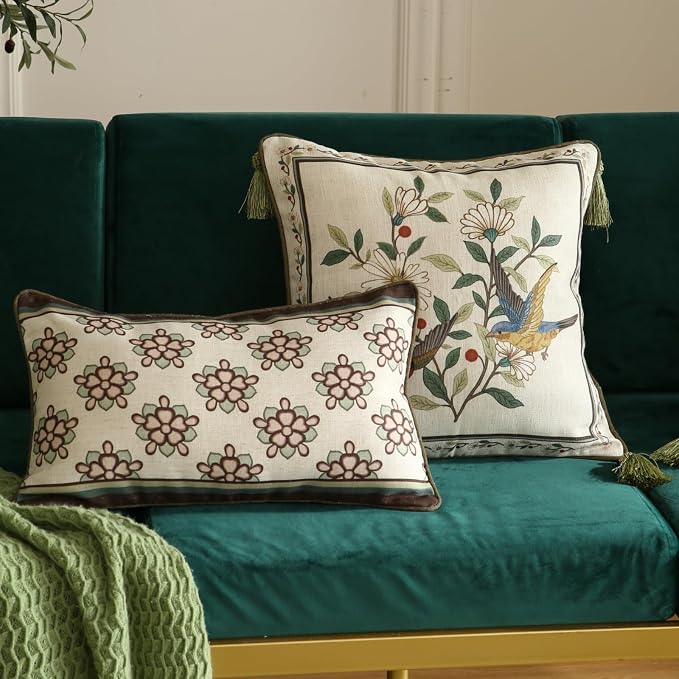 ISAENNE Designer Linen Square Throw Pillow Cover,Set of 2,18"x18"-Brune B | Vintage French Elegant Pillow Cover,Concealed Zipper Design,Floral Pattern,Sofa,Bedroom,Living Room,Lounge Chairs