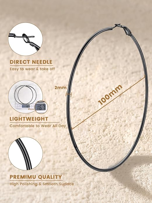 KeyStyle Gold Hoop Earrings for Women, Stainless Steel Hoops Earring Lightweight Loops, 2 mm Thick Hypoallergenic Circle Endless Thin Hoop (20/30/40/50/60/70/80/90/mm)