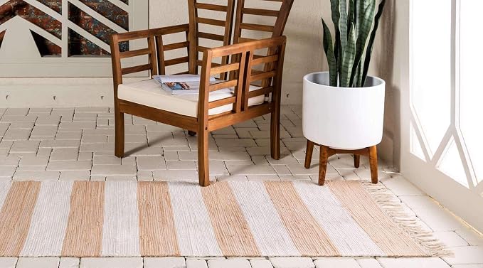 Unique Loom Chindi Rag Collection Area Rug - Striped (2' 2" x 10' Runner, Beige/ Ivory)