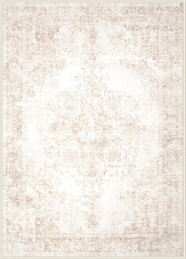 Area Rug 4x6 Vintage Rug: Washable Indoor Medallion Rugs Low Pile Distressed Floor Carpet Retro Accent Rug for Living Room Bedroom Kitchen Dining Table Home Office(Retro Beige, 4'x6')