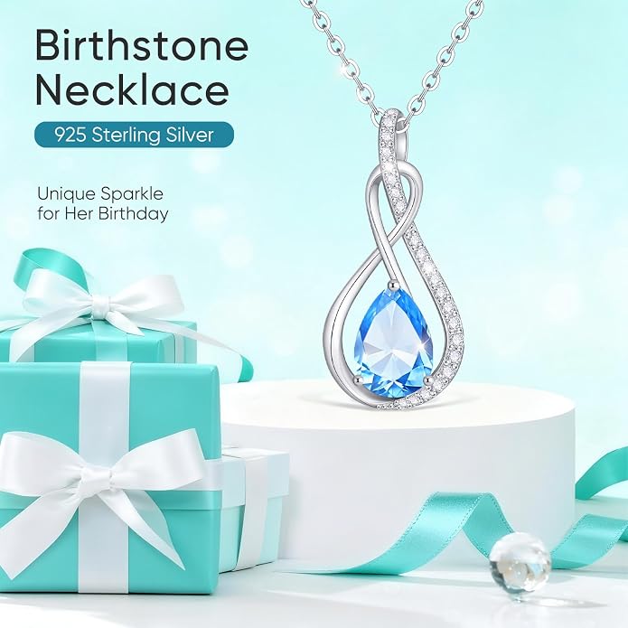 Birthstone Necklaces for Women Mothers - 925 Sterling Silver Dainty Infinity Cubic Zirconia Pendant Necklace Anniversary Birthday Christmas Gifts for Her Wife Mom Lady Daughter, Adjustable Chain