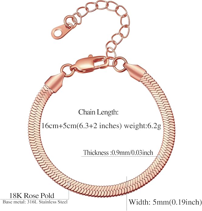 FindChic Elegant Herringbone Snake Chain Anklets/Bracelets 3MM/5MM Width Stainless Steel/18K Gold/Rose Gold Plated/Black 4 Color Options, 8.3'' 8.5'' 10.5'' Length, with Gift Box