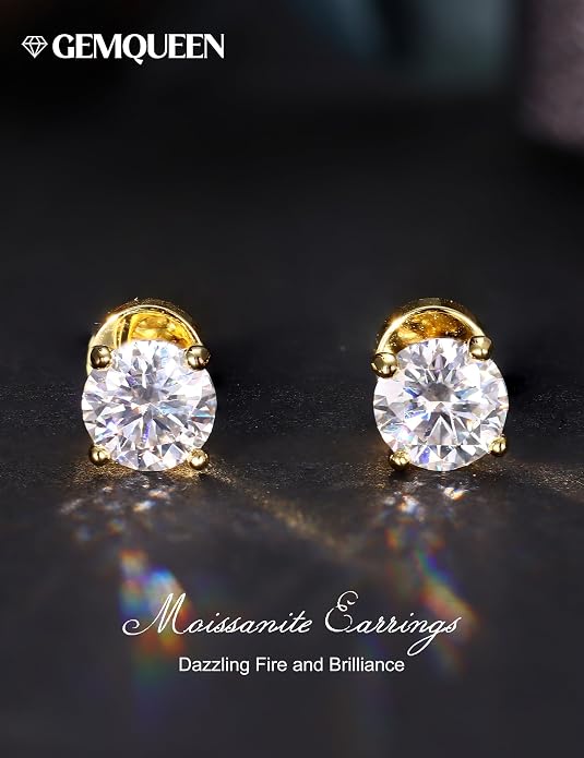 GEMQUEEN Moissanite Earrings Studs : 18K Gold Plated Solid 925 Sterling Silver Stud Earring for Women Men Hypoallergenic Dainty Moissanite Jewelry for Sensitive Ears Round Cut D Color VVS1 2-7.5mm