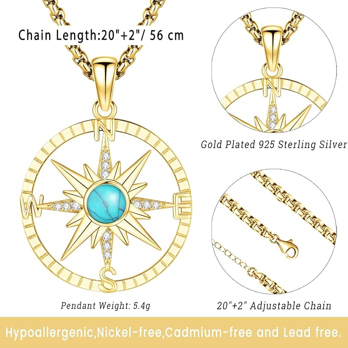 Compass Necklace for Women Men 925 Sterling Silver Pendant Urn Necklaces for Ashes Picture Locket Necklace Anchor Necklace Viking Necklace Crystals CZ Moonstone Abalone Shell Turquoise Compass Jewelry