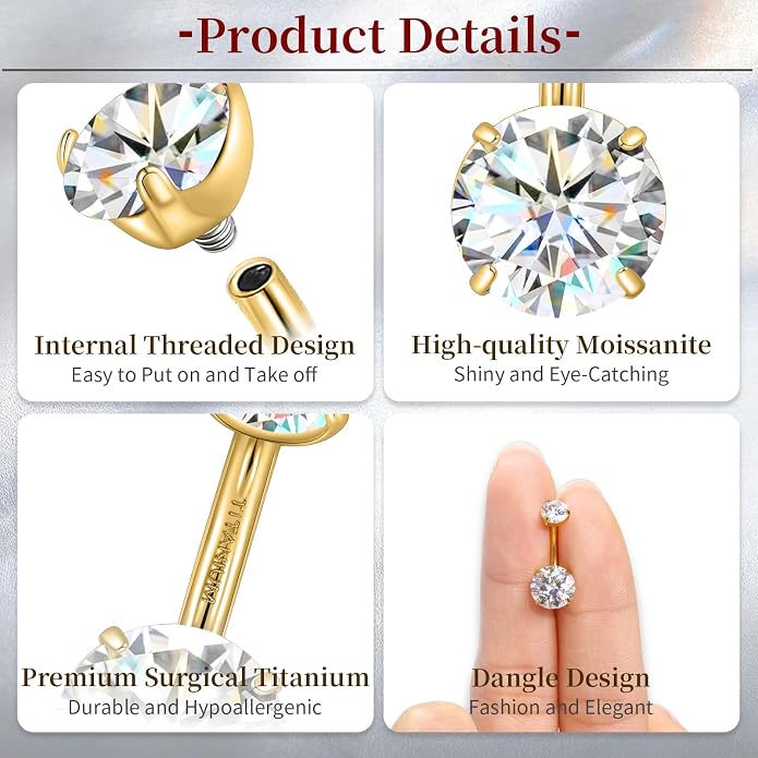 limerencia Moissanite Belly Button Ring, G23 Titanium Hypoallergenic Internally Threaded Navel Jewelry, Curved Dangle Belly Ring Piercing Jewelry for Women, Men