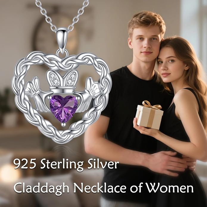 Birthstone Claddagh Heart Necklace 925 Sterling Silver Heart Celtic Knot Claddagh Necklace Pendant Irish Jewelry Gifts for Women Mom Wife Sister Christmas Birthday,18+2 inch