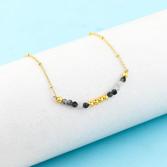Satellite Chain Necklace 16+2 Inch Gold Plated – Dainty Layering Jewelry with Gemstone Beads – Minimalist Choker Necklace for Women – Delicate Gift for Her