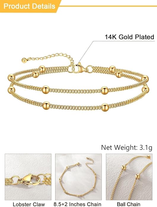 U7 Silver/Gold Ankle Bracelets for Women Layered Chain Anklets Stainless Steel Waterproof Summer Beach Anklet Cham, Adjustable 8.5"-10.5"