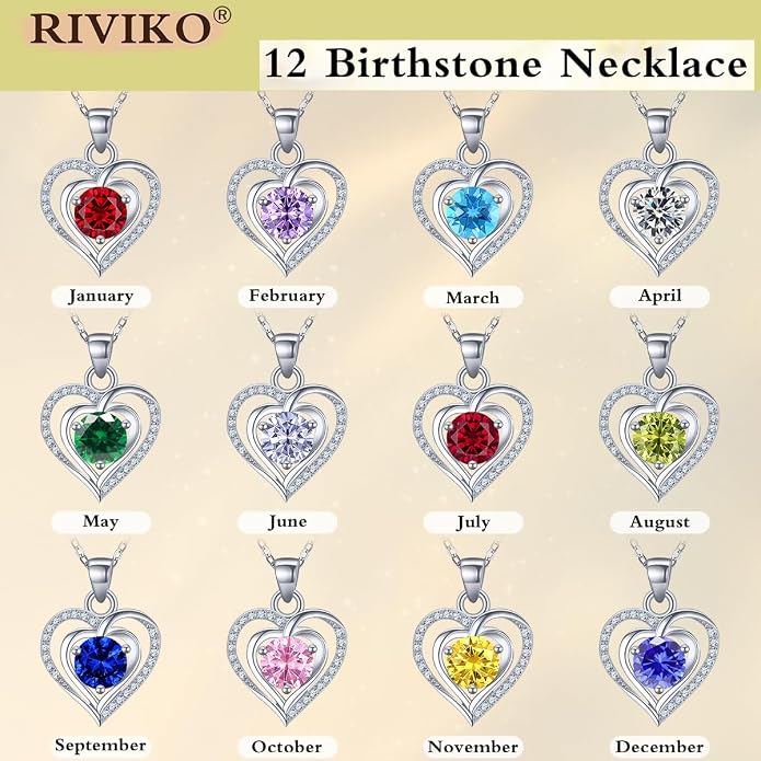 RIVIKO Heart Birthstone Pendant Necklace for Women 925 Sterling Silver Zirconia Necklaces Valentine's Day Anniversary Birthday Mothers Day Jewelry Gifts For Her Mother Wife