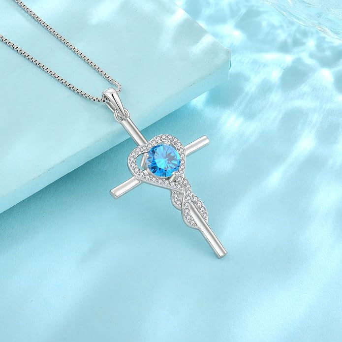 Cross Necklace for Women 925 Sterling Silver Infinity Birthstone Pendant Necklace Religious Christian Jewelry Gifts Wife Mom Her