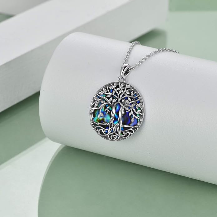 ONEFINITY Tree of Life Necklace for Women Sterling Silver Abalone Shell Crystal Tree of Life Pendant Necklace Family Tree Jewelry for Mom Daughter Sister Girls Christmas Gifts
