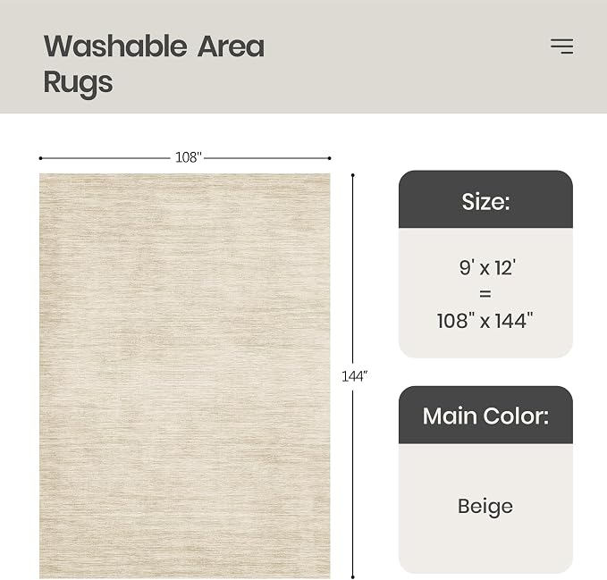 Valenrug Washable Rugs 9x12 - Non Slip 9x12 Area Rugs for Living Room, Stain Resistant Area Rugs for Bedroom, Foldable Machine Washable Area Rug(9'x12', Beige)