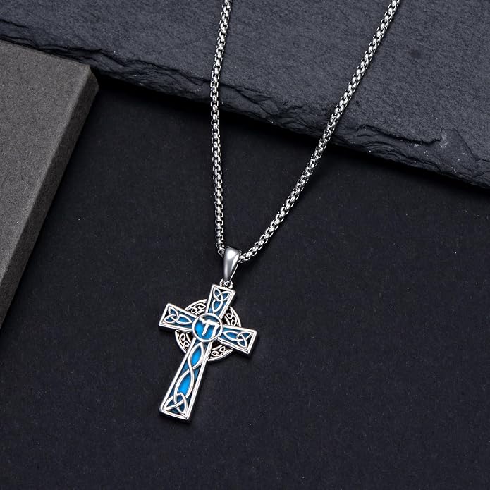 HPQQ Cross Necklace 925 Sterling Silver Turquoise Tree of Life Celtic Knot Cross Pendant Jewelry Mother's Day Gifts for Women