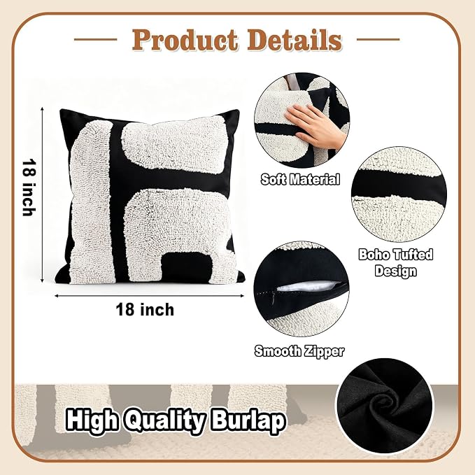 LandIdyll 4 Pcs Black and Cream Chunky Tufted Pillow Covers 18 x 18 Inch Boho Black and White Throw Pillow Covers Set Decorative Modern Abstract Geometric Pillowcase for Living Room Bed Couch Sofa