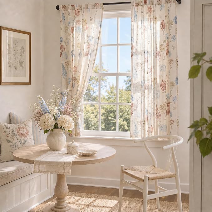 jinchan Floral Linen Curtains 63 Inch Vintage Cottagecore Back Tab 2 Panels | Light filtering drapes, semi sheer, farmhouse, botanical, watercolor, living room, bedroom, rod pocket, window treatment