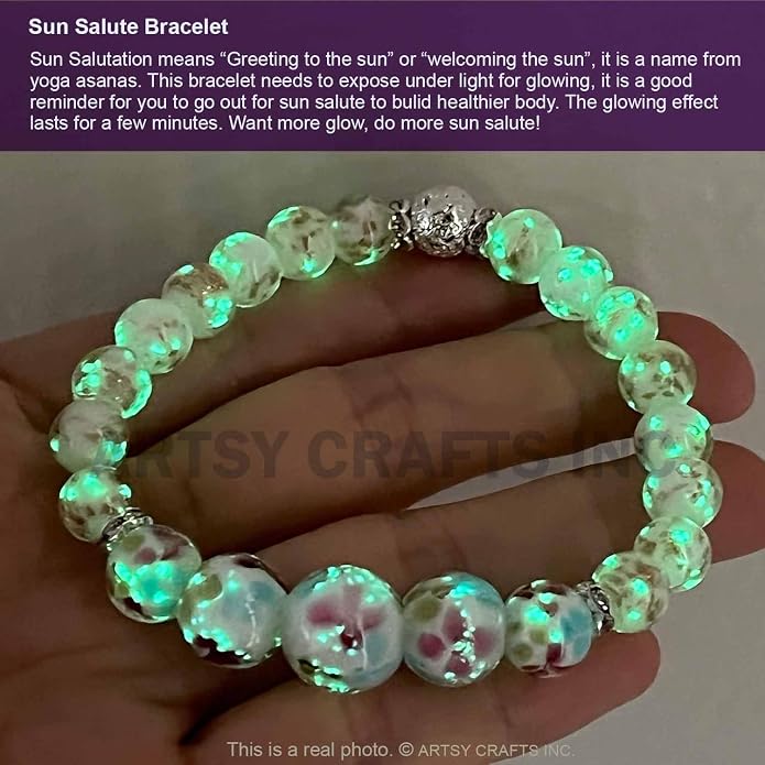 ARTSY Crafts Lily Garden Glow in the Dark Firefly Bead Bracelets Necklaces, Handmade in USA Murano Glass Jewelry, Flower Luminous Beads Mermaid Crystal Bracelet Bangle