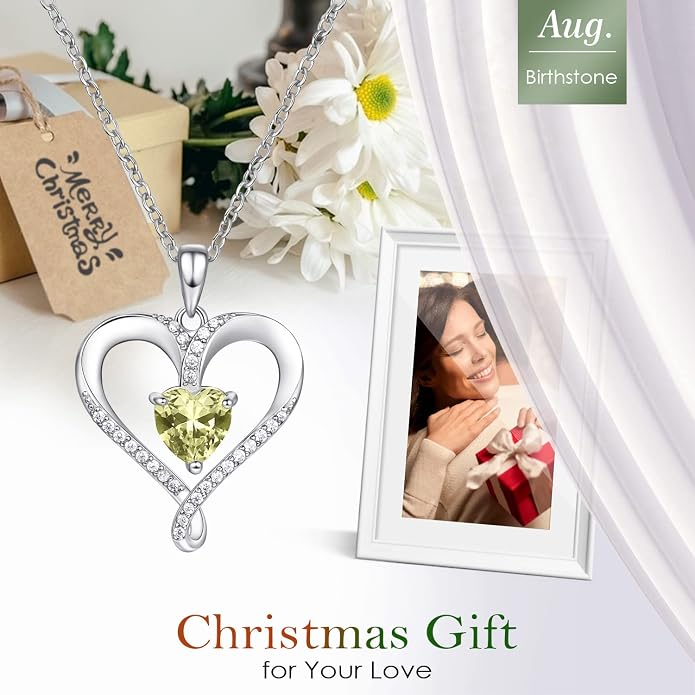 Birthstone Necklace for Women, 18K White Gold Heart Necklace Filled 925 Sterling Silver, Diamond Womens Jewelry Christmas Gifts for Women Wife