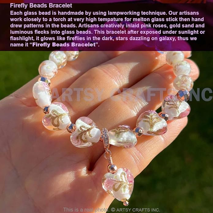 ARTSY Crafts Glow in the Dark Heart Shaped Glass Bead Bracelets & Necklaces, Handmade in USA