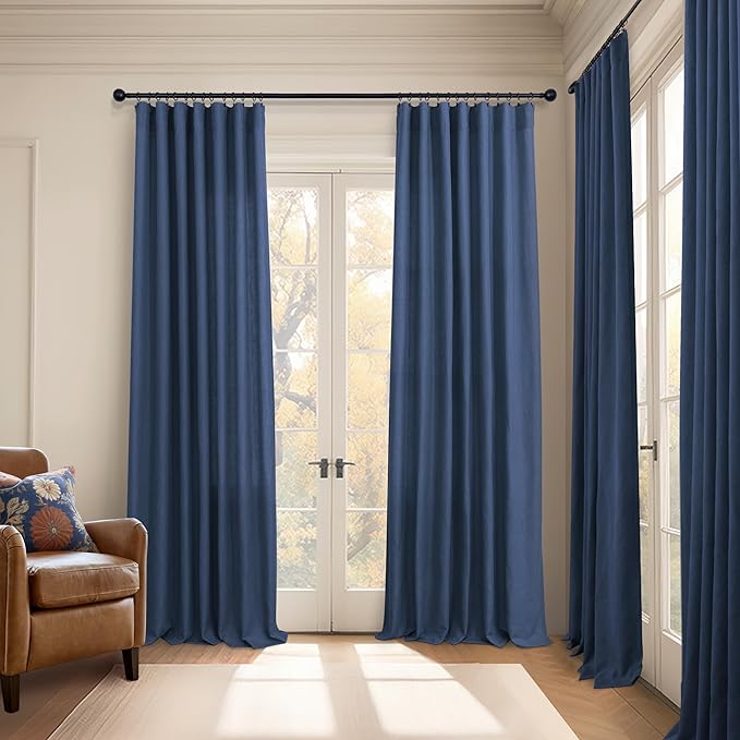 Pitalk Navy Extra Long Curtains 120 Length for Living Room 2 Panels Back Tab Loop Pocket Light Filtering Soft Linen Semi Privacy Sheer Dark Blue Curtains for Dining Room Patio Door Large Windows 10FT