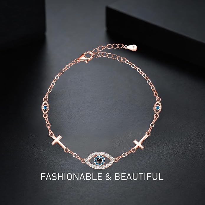 Blue Evil Eyes Link Bracelet, Evil Eye Earrings, S925 Sterling Silver Dainty Cubic Zirconia Adjustable Link Lobster Claw Clasp Chain Jewelry