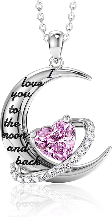 Distance I Love You to The Moon and Back Necklace for Women, S925 Sterling Silver Forever Love Heart Birthstone Necklace, Anniversary Birthday Jewelry for Wife Lover