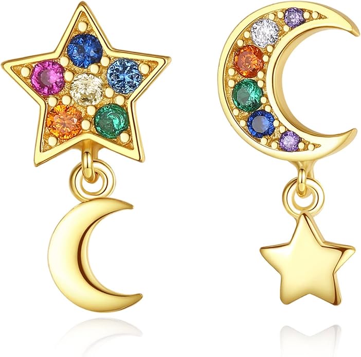 Blacklily 925 Sterling Silver Star Moon Earrings for Women, Gold Plated Asymmetrical Celestial Dangle Stud Earrings with Colorful Cubic Zirconia, Hypoallergenic Cute Jewelry Gifts