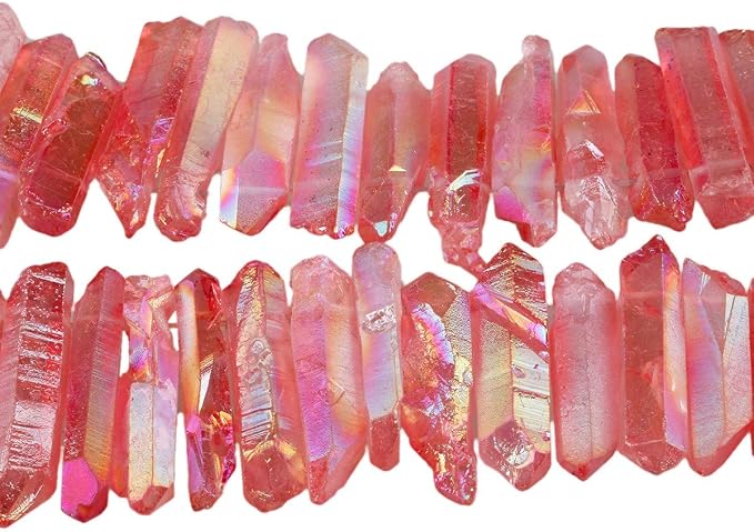TUMBEELLUWA Rock Quartz Crystal Points Loose Beads for Jewelry Making, Titanium Coated Polished/Raw Quartz Beads 15 Inches Top Drilled,Red Crystal Points(0.5"-1.6")