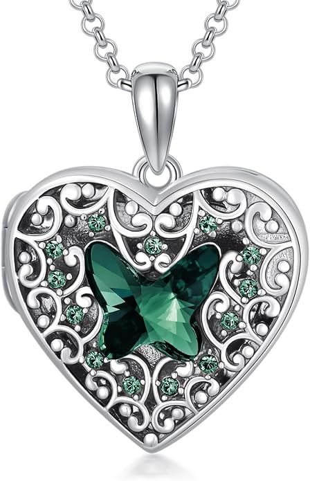 Dorunmo Personalized Locket Necklace 925 Sterling Silver that Holds Pictures Butterfly Birthstone Photo Heart Locket Custom Jewelry Congratulations New Beginnings New Job Gifts for Women