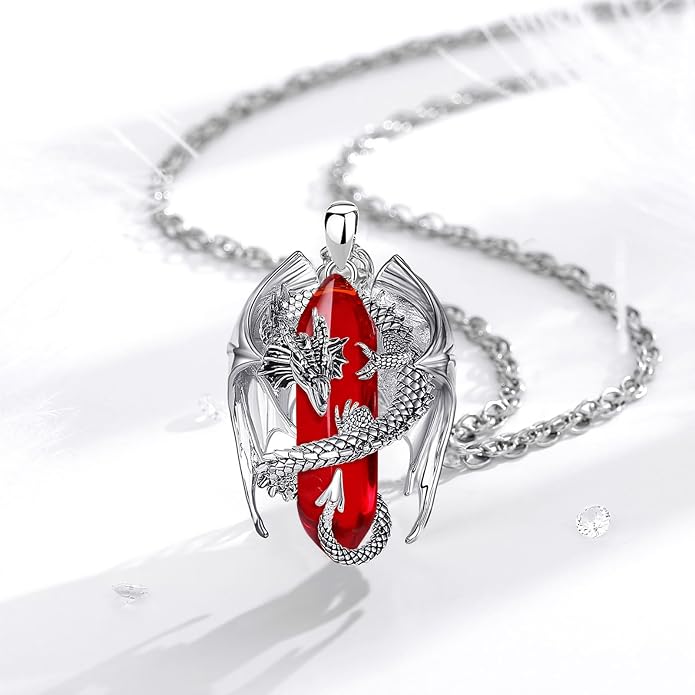 INFUSEU Unique Dragon Necklaces with Healing Crystal Stone for Men Women, Personalized Spiritual Gifts, 24 Inch Chain