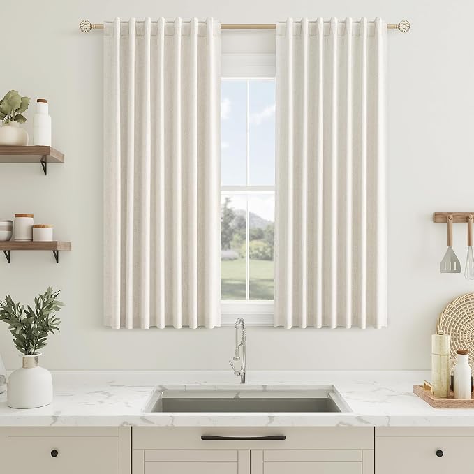 Guken 100% Blackout Linen Short Curtains for Bedroom 45 Inches Long Natural Cream Black Out Curtain Back Tab Thermal Insulated Room Darkening Window Drapes for Living Room 2 Panels Beige Ivory 52x45