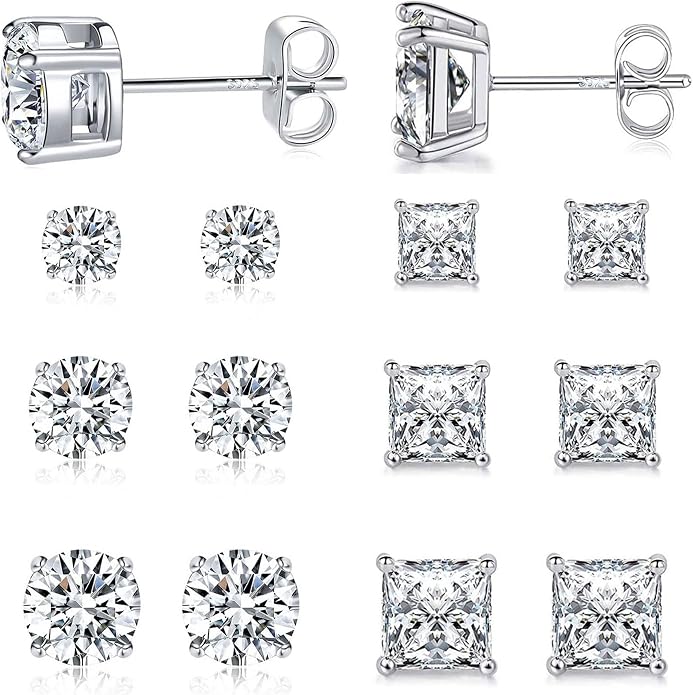 MDFUN 6 Pairs Stud Earrings Set 3mm/5mm/7mm Princess & Round Cubic Zirconia Earrings Hypoallergenic 316L Surgical Stainless Steel CZ Earrings for Women Men