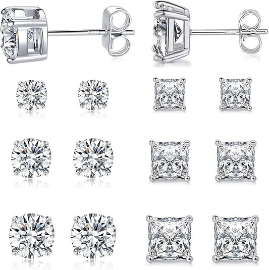 MDFUN 6 Pairs Stud Earrings Set 3mm/5mm/7mm Princess & Round Cubic Zirconia Earrings Hypoallergenic 316L Surgical Stainless Steel CZ Earrings for Women Men