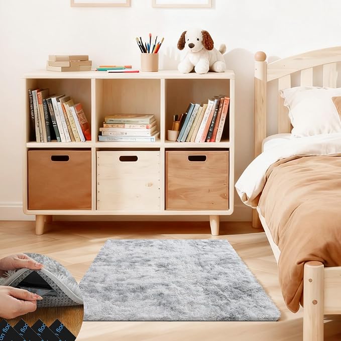 2x3 Rugs for Bedroom, Fluffy Area Rugs for Living Room, Small Fuzzy Shag Soft Carpet with 4 Non-Slip Adhesive Strips for Kids Boys and Girls Nursery Dorm Home Decor (2ft X 3ft, Tie-Dyed Grey)