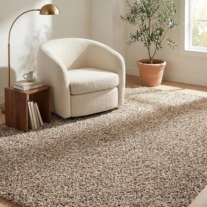 Unique Loom Solid Shag Collection Area Rug (6' 1" x 9' Rectangle, Taupe) | Modern solid area rug for living room, bedroom & dining room. Stain-resistant, easy-care, kid & pet friendly