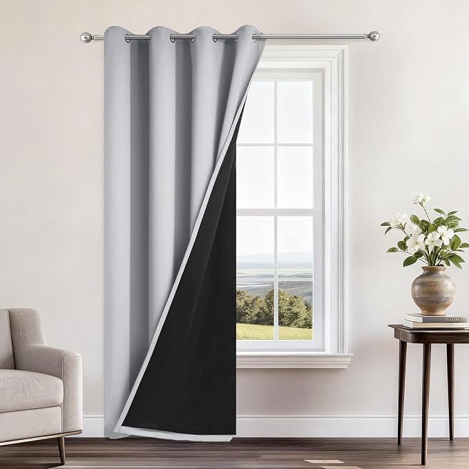 Yakamok Light Grey 100% Blackout Curtains 84 Inches Long 52" Wide 1 Panel | Blackout Curtain Panels for Bedroom, 2 Thick Layers Grommet Top Thermal Insulated Drapes with Black Liner for Living Room